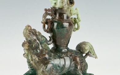 Chinese Jade Temple Lion with Urn, Inlaid Silver Stand