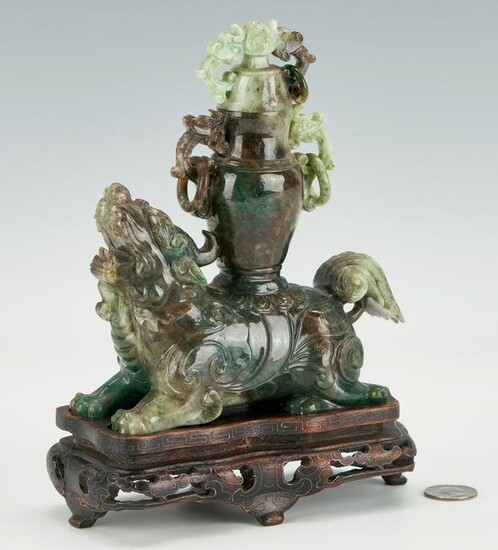 Chinese Jade Temple Lion with Urn, Inlaid Silver Stand
