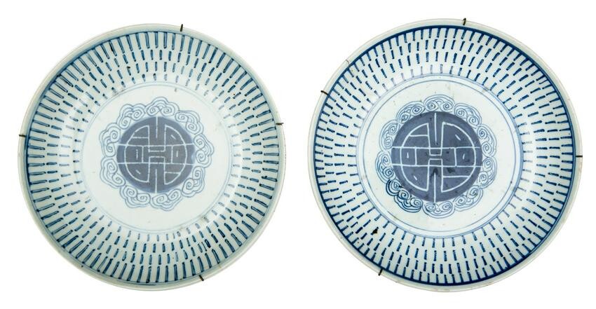 Chinese Pair of White and Blue Dishes with Fortune