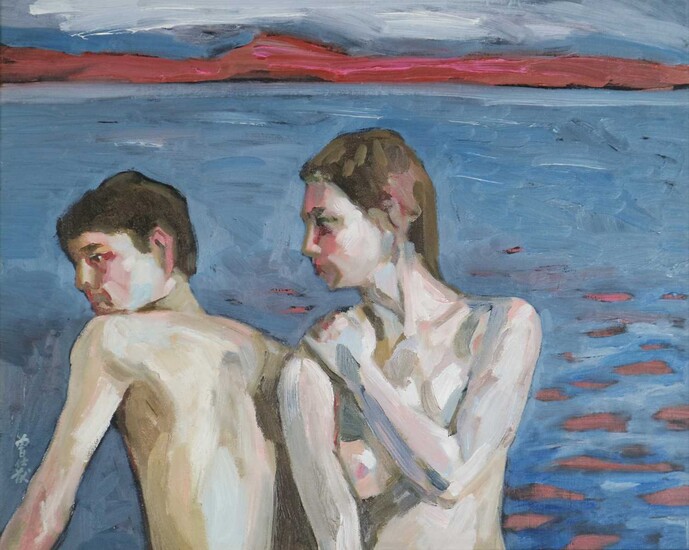Chinese School (20th Century) Nude Couple Before a Lakeside