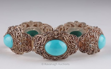 Chinese Silver Filigree Turquoise Bracelet