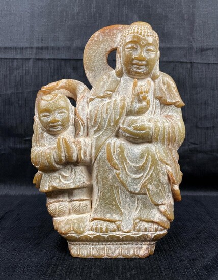 Chinese Stone Sculpture of Karana Mudra Buddha w/Child