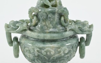 Chinese carved green jadeite covered censer with dragon