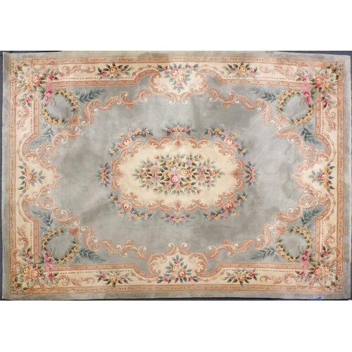 Chinese green and cream ground floral carpet, 366cm x 274cm