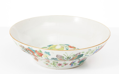 Chinese porcelain bowl, 19th century, decoration of butterflies, flowers and fruits in enamel colours, iron oxide and sepia, with the seal of Daoguang.