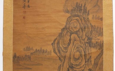 Chinese scroll in the Ming style painted with a mountaineous...