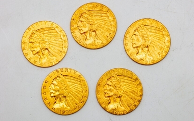 Cinq pièces en or de 5 dollars américains de 1908, 1909, 1910 et 1912