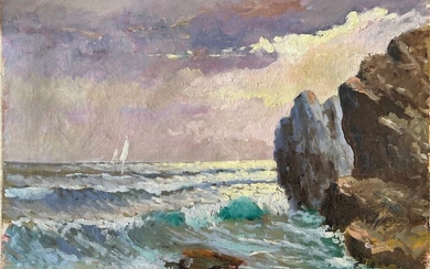 Cipriano Mannucci (1882-1970) - Paesaggio marino con scogliere al tramonto
