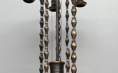 Circa 1920's Unusual Brass Pull Down Chandelier with milk glass shades. Adjusts from about 60" to