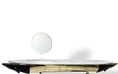 Console table - Carrara marble top with round brass mirror, black lacquered wooden legs