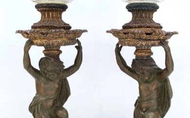 Coppia di alzate in bronzo e cristallo, XIX secolo altezza cm 49