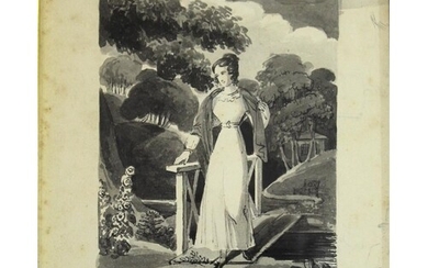 DANIEL MACLISE (1806-1870) LADY AT A RUSTIC BRIDGE Ink and w...