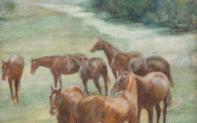 DIRK JOHANNES VAN HAAREN. “Horses in a pasture.” Pastel on paper.