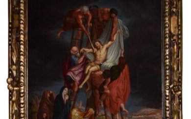 Dans le goût de l'école flamande du XVIIe siècle, Descente de Croix. Huile sur sa toile d'origine. 73 x 60 cm.