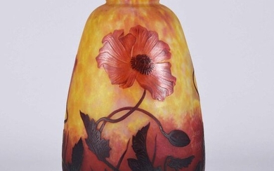 Daum Frères (late 19th Century) French Art Nouveau etched and enamelled cameo glass vase. Japanese inspired large vase decorated with red & burgundy flowering design against a yellow/red fire field, signed with engraved signature Daum Nancy and with...