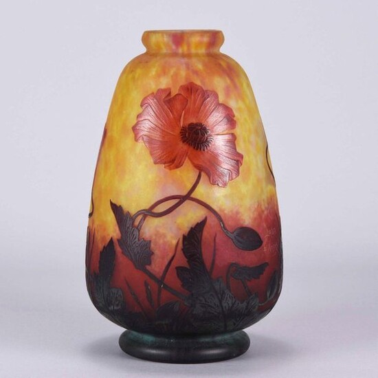 Daum Frères (late 19th Century) French Art Nouveau etched and enamelled cameo glass vase. Japanese inspired large vase decorated with red & burgundy flowering design against a yellow/red fire field, signed with engraved signature Daum Nancy and with...
