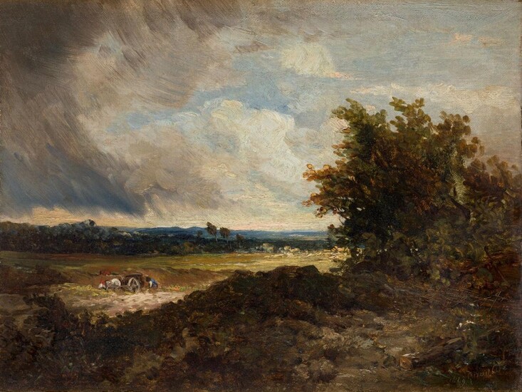 David Cox Snr, OWS, British 1783-1859- Landscape with farmers ploughing, a storm brewing in the skies; oil on canvas laid down on panel, signed and dated '1849 David Cox' (lower right), 22.8 x 30.5 cm. Provenance: Private Collection, UK.; By descent.