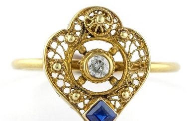 Delicate Antique - 18 kt. Yellow gold - Ring Sapphire - Diamond
