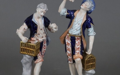 Deux figurines en porcelaine "attrape-oiseaux" - Thuringe, 20e siècle, porcelaine, peinte en bleu, rouge et...