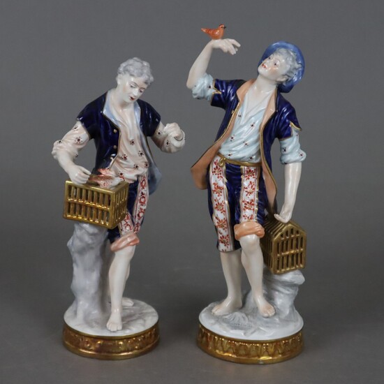 Deux figurines en porcelaine "attrape-oiseaux" - Thuringe, 20e siècle, porcelaine, peinte en bleu, rouge et...