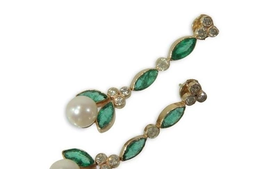 Diamond, Emerald, and Pearl Drop Earrings