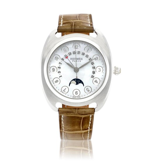 Dressage II, Reference DR2.765 | A limited edition platinum wristwatch with retrograde date, moon phases and mother-of-pearl dial, Circa 2005 | 愛馬仕 | Dressage II 型號DR2.765 | 限量版鉑金腕錶，備逆跳日期、月相顯示及珠母貝錶盤，約2005年製, Hermès