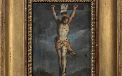 ECOLE FLAMANDE du XVIIème siècle. Crucifixion. Huile sur cuivre. 18,5 x 11 cm. Dans un cadre d'époque XVIIIème siècle. Petits accidents.