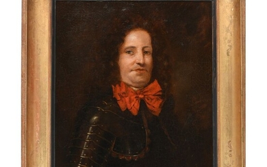 ÉCOLE FRANCAISE du XVIIIè. « Portrait de gentilhomme à la cuirasse et au nœud rouge...