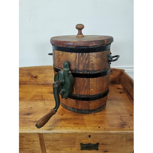 Early 20th C. oak metal bound table top butter churn {45 cm ...