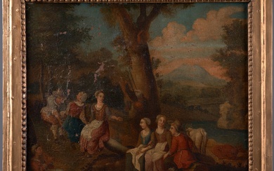 Ecole française du XVIIe siècle Conversations entre paysans dans un paysage Huile sur toile. 42...