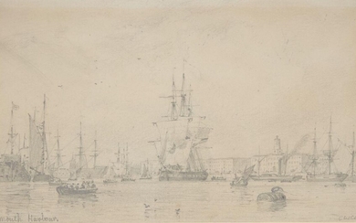 Edward William Cooke RA, British 1811-1880- Portsmouth Harbour; pencil on paper, signed 'E W Cooke' (lower right), inscribed 'Portsmouth Harbour.' (lower left), 11.4 x 20.3cm Provenance: R.A. Lee, Bruton Place, April 1968. together with two other...