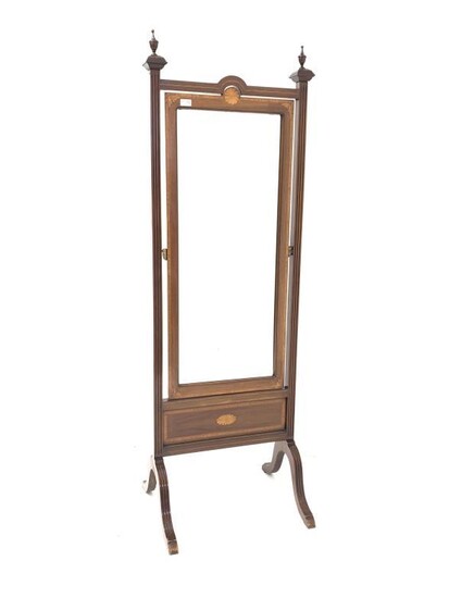 Edwardian Sheraton revival mahogany cheval dressing mirror, fitted with...