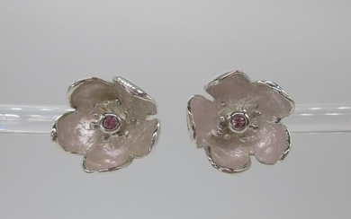 Ehinger Schwarz 1876 - "Sakura" Ohrstecker mit Emaille und Rosa Saphiren - 925 Gold-filled, Silver, Yellow gold - Earrings - 0.08 ct Sapphires