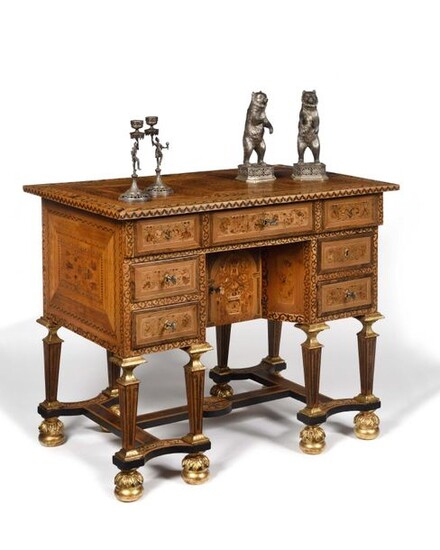 Eight-legged desk known as Mazarin in marquetry and fruit wood incorporating vertical panels made in Augsburg at the end of the 16th or early 17th century, opening with five drawers and a window, resting on eight legs joined four to four by spacers...