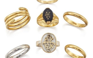 Eight various gold and gem rings, comprising: a claw-set oval sapphire ring of crossover design with diamond single stone shoulders; three signet rings each with zodiac type glyph; a coiled design ring; two 22ct gold band rings, 8.3g; and an 18ct...