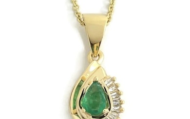 Emerald Diamond Gemstone Teardrop Pendant Necklace 14K Yellow Gold, 3.98 Grams