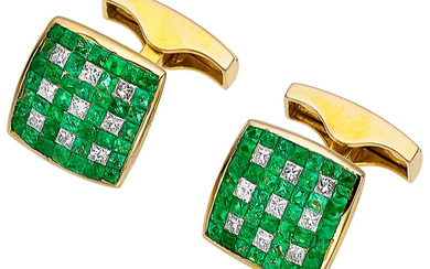 Emerald, Diamond, Gold Cuff Links Stones: French-cut emeralds weighing...