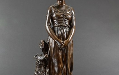 Émile Louis Truffot (1843-1895) - Sculpture, A standing woman with her dog - Bronze, Bronze (patinated) - Late 19th century