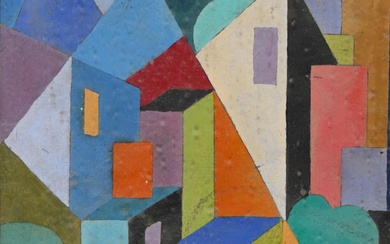 Enrico PRAMPOLINI (1894-1956) "Village cubiste", Huile sur papier signée en bas à droite, datée 1920,...