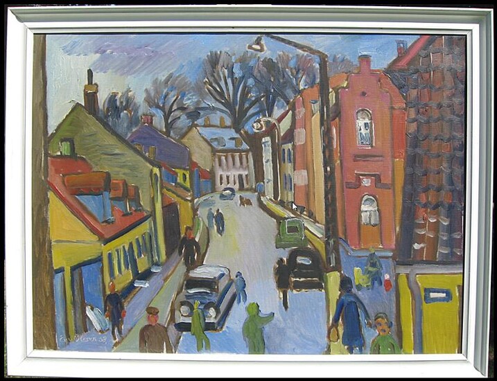 SOLD. Eyvind Olesen: Street view. Signed Eyv. Olesen. Oil on canvas. Visible size 50 x72 cm. Frame size 59 x 77 cm. Framed. – Bruun Rasmussen Auctioneers of Fine Art