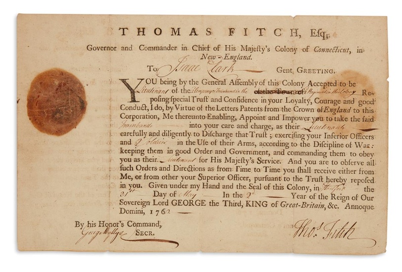 FITCH, THOMAS. Partly-printed Document Signed, "Tho's Fitch," as Governor, appointing Isaac Clark Lieutenant...