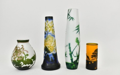 FOUR GALLE STYLE CAMEO CUT GLASS VASES