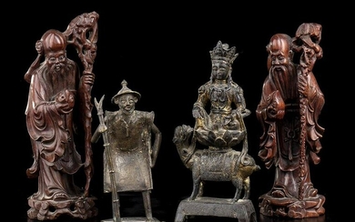 FOUR WOOD AND BRONZE SCULPTURES China