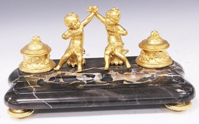 FRENCH DORE BRONZE MARBLE INKWELL, 19TH C.