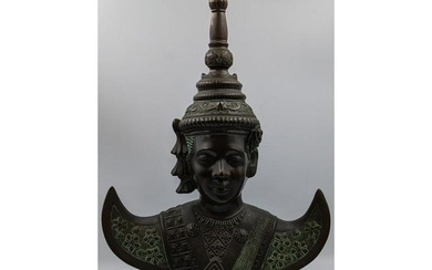 Fine 19th C Bronze Of Thai King On Wood Stand Life Size With Inlays