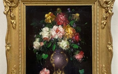 Fine Classical Still Life Flowers in Ornate Vase Signed Oil Painting Gilt Frame