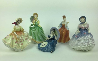 Five Royal Doulton figures - Elizabeth HN2946, Alice HN3368, Pensive Moments HN2704, Fleur HN2369 and Sunday Best HN2206