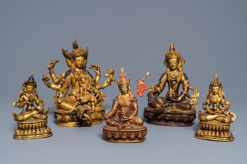 Five Sino Tibetan gilt bronze Buddha figures, 19/20th...