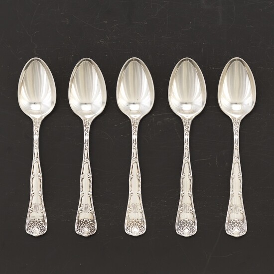 Five Tiffany & Co. Sterling Silver Spoons, "Wave Edge" Pattern, ca. 1873-1891