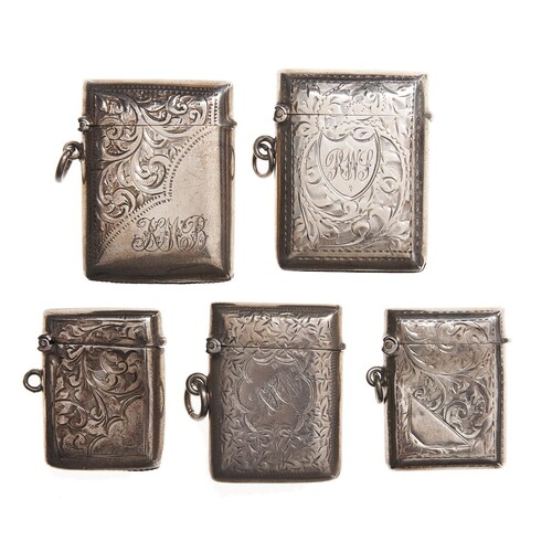 Five silver vesta cases, Victorian-George V, 39-47mm, 3ozs